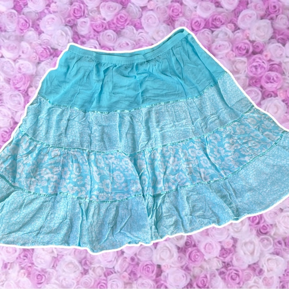 Vintage Floral Skirt Y2K Tiered Pastel Mid Length Stretchy Waist Ribbon Detail